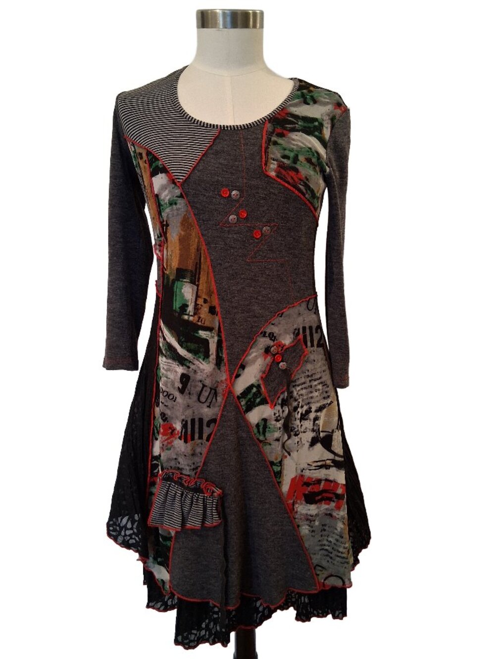 Bali Artsy Abstract Patchwork Print Layered Long Sleeve Dress Small to Medium
